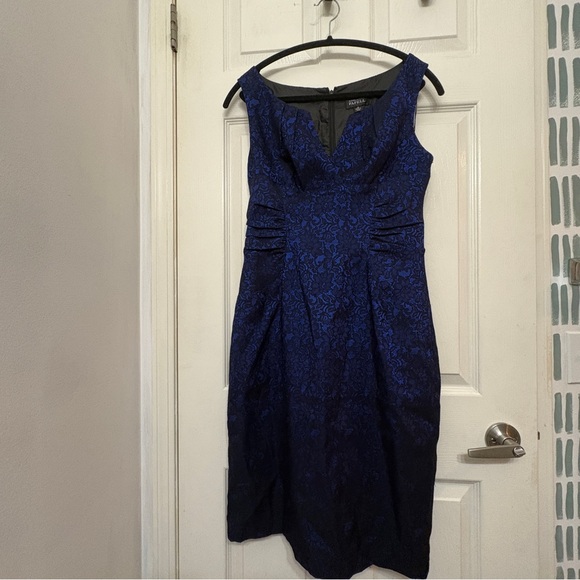 Adrianna Papell Navy Blue Lace Sheath Dress | V-Neck Ruched Sz 10 Wedding - Picture 2 of 13